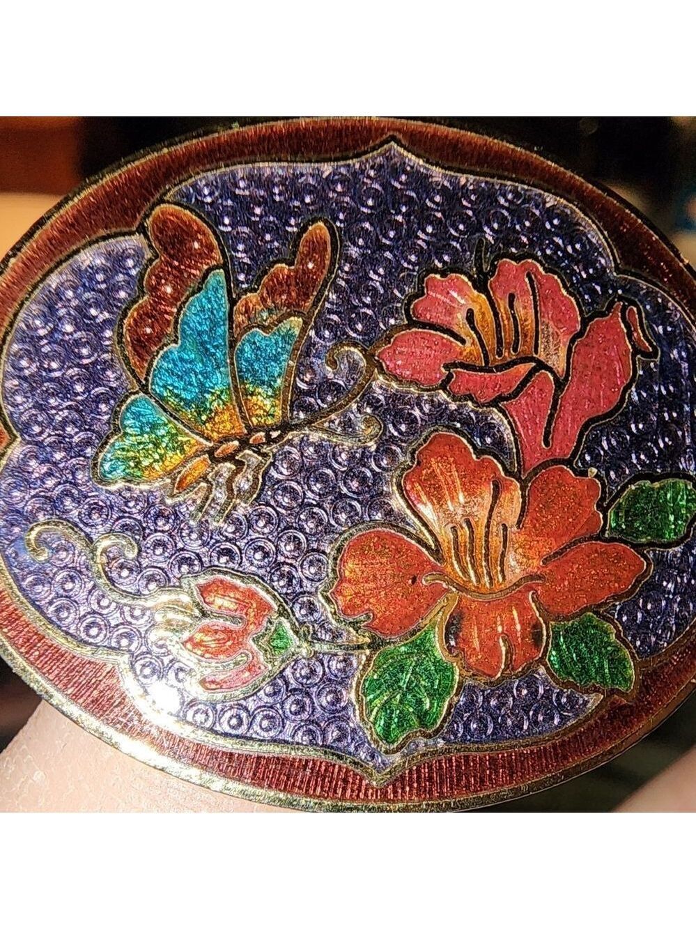 Vintage Colorful Enamel Butterfly and Floral Cloisenne Scarf Clip Purple